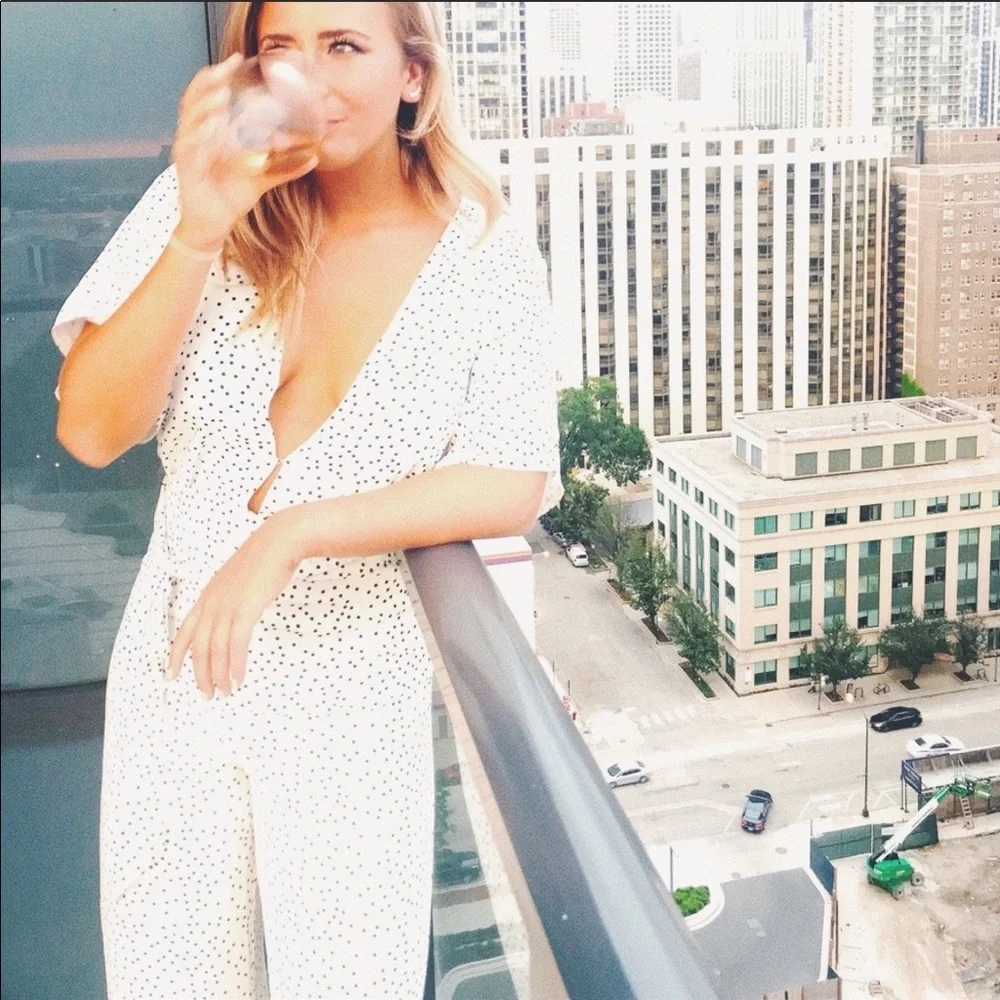 Lovers + Friends White Polka Dot V-Neck Jumpsuit - Picture 3 of 9